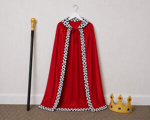 Kids King Costume Set Red Royal Cape Crown Scepter Halloween Size L 10-12